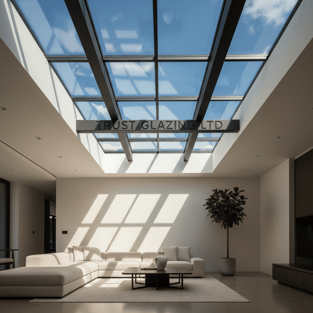 Natural light streaming through a bespoke skylight in a modern interior.