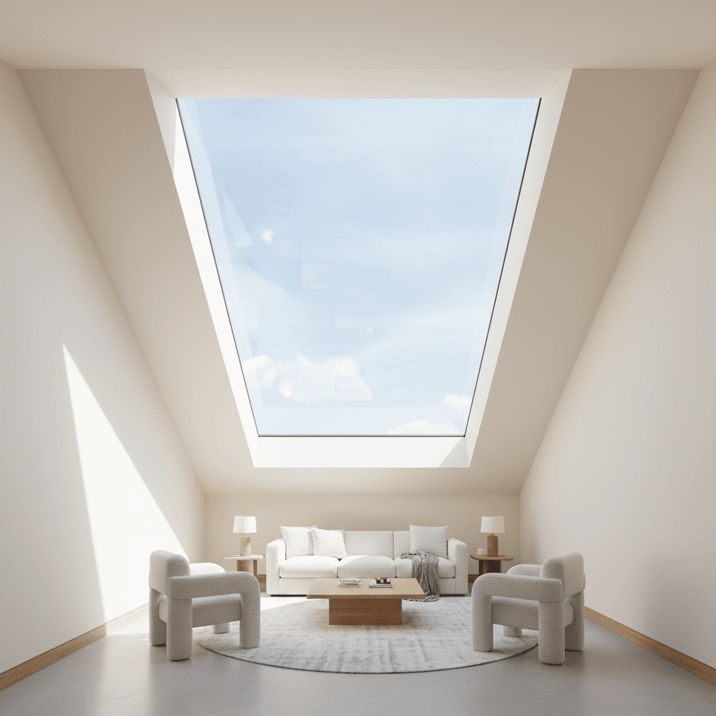 Bright modern interior lit by custom skylight