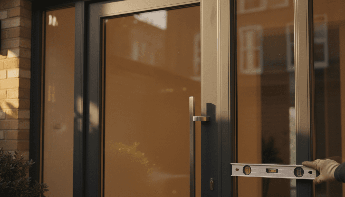 Custom glazed entrance door with aluminium frame being installed by Trust Glazing Ltd specialist in London home