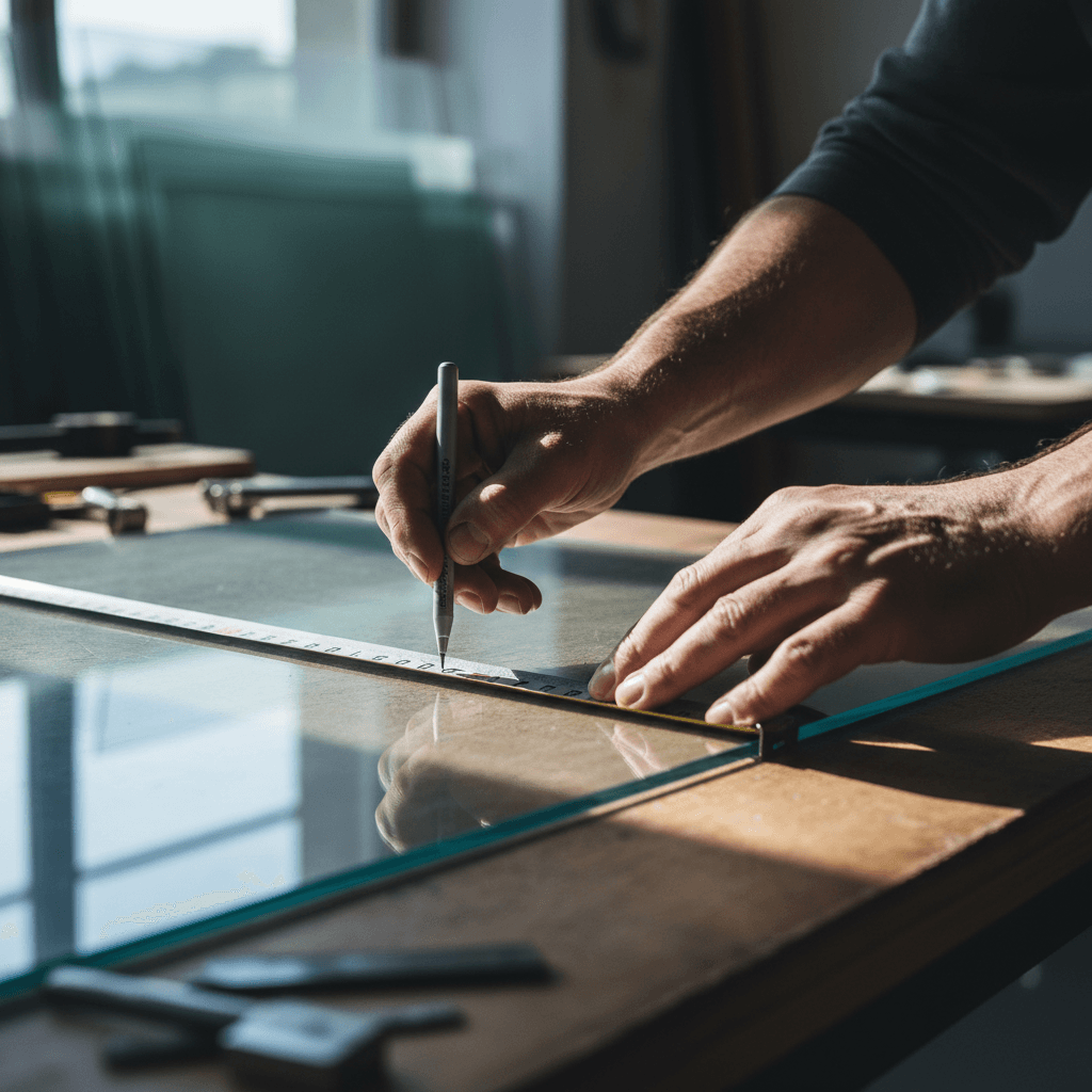 Craftsperson measuring custom glass panel in workshop
