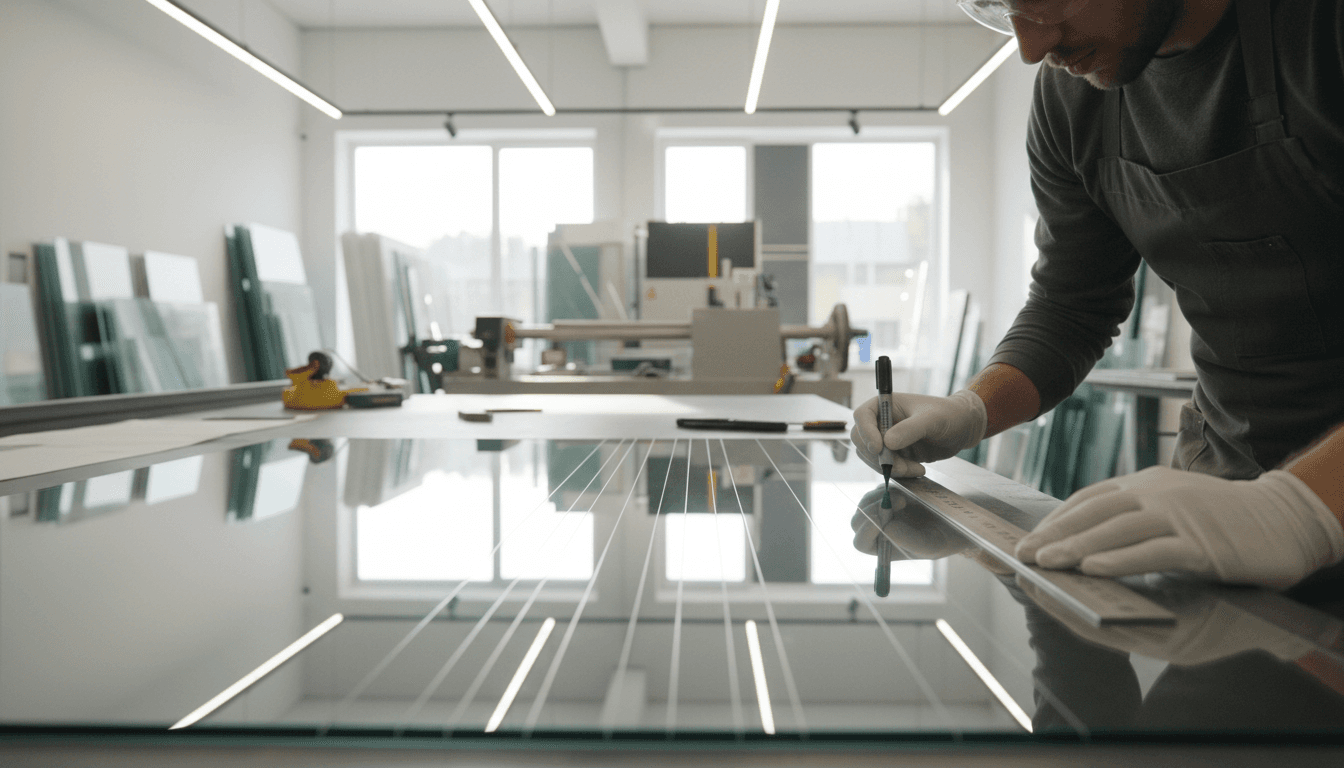 Skilled installer positioning precision-cut glass panel into aluminium frame with professional care